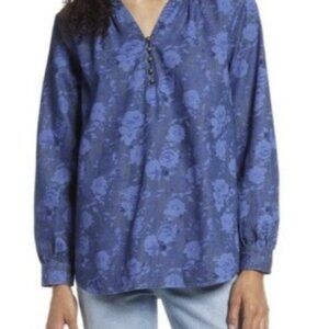Beachlunchlounge Blue Floral Print Blouse Size Large – 100% Cotton Boho Top